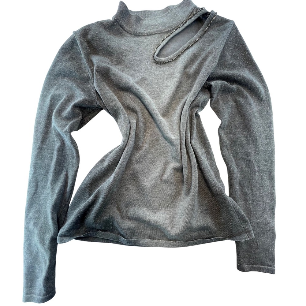LOVETREND New York Women's Mock Neck Long Sleeve Top Gray Rhinestone Detail Sz L